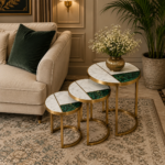 Marble Inlay with Brass and Malachite Nest of Tables set of 3