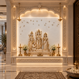The Gayatri Sampoorna - Swiss white marble mandir with Gayatri Mantra inlay in Mother of Pearl and floral border - OPH