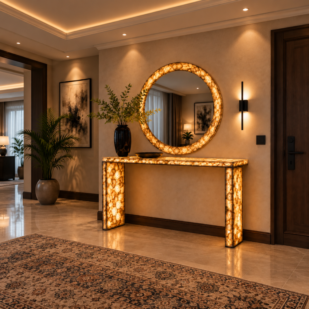 stone plus india backlit golden agate console table with matching round mirror