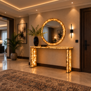stone plus india backlit golden agate console table with matching round mirror
