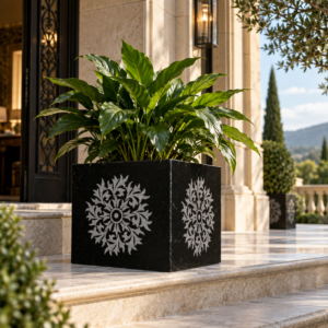 The Mandala - Black marble hand-etched cube planter with mandala inlay - OPH Opulent Homes