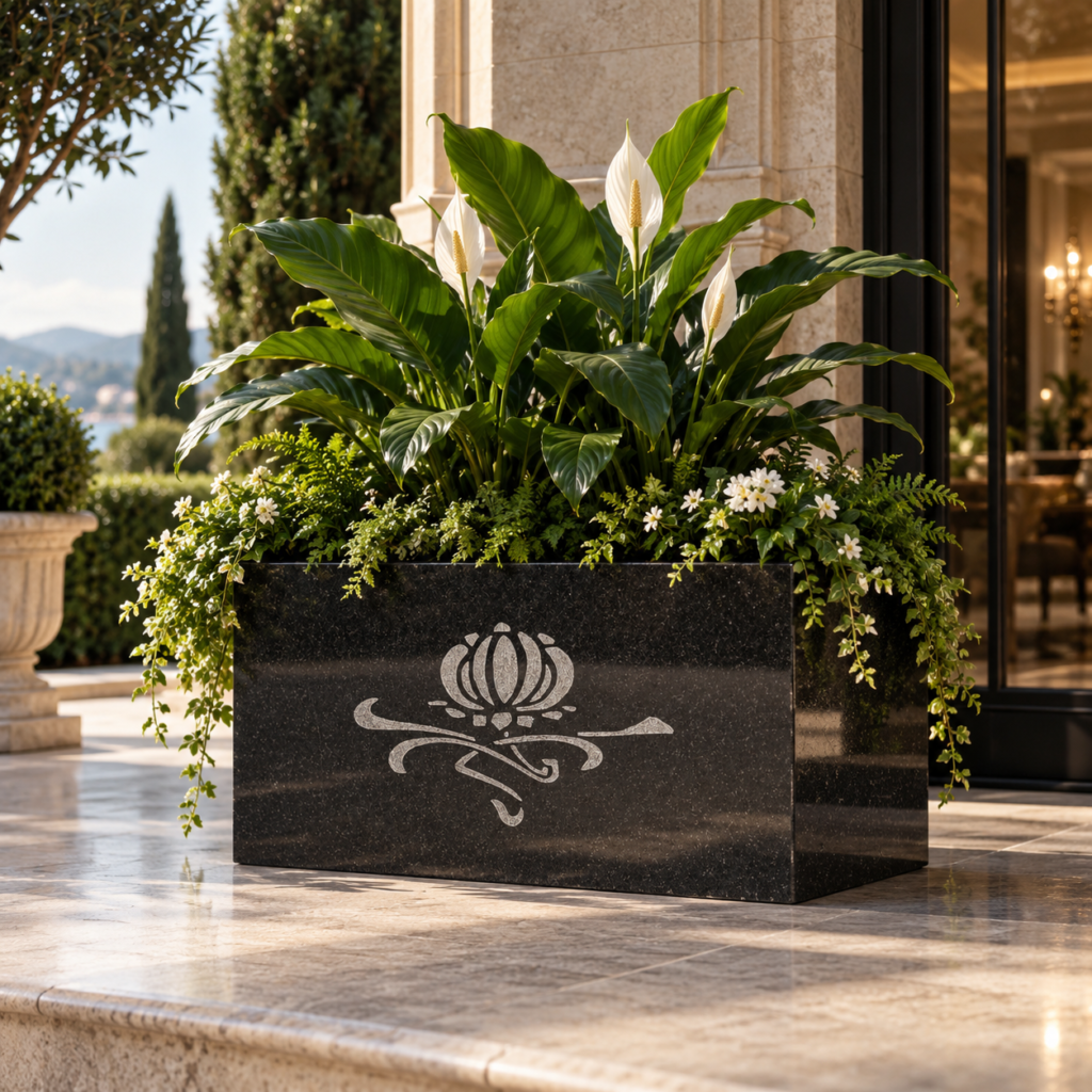 The Lotus - Black marble trough planter hand-etched with lotus motif - OPH Opulent Homes