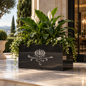 The Lotus - Black marble trough planter hand-etched with lotus motif - OPH Opulent Homes