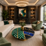 Marble Overlay Tabletop in Lapiz, Malachite, Brass