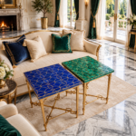 Marble Tabletops Malachite, Lapiz and Brass set of 2