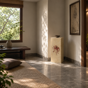 The Chrysanth small white marble pedestal with floral motif inlay