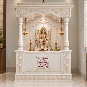 Luxury carved white marble home mandir with Durga idol and Shubh Swastik marble inlay on front panel