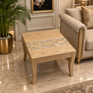 The Oakline - 24 inch white oak wood side table with white mother of pearl broad geometric line inlay - cabriole legs - luxury classic armchair setting - Stone Plus India