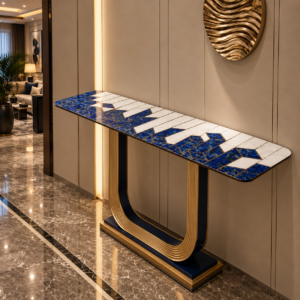 stone plus india white marble console top with lapis lazuli geometric inlay