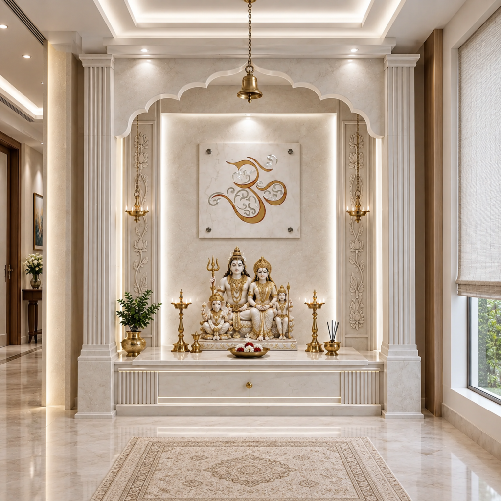 Luxury home mandir with Shiv Parivar idols and Ananta OM marble inlay tile as sacred background wall art