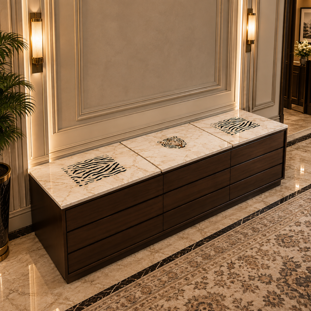 The Safari - set of 3 beige marble cabinet tops with black marble tiger inlay - tiger face and stripes pietra dura - for sideboard - Stone Plus India
