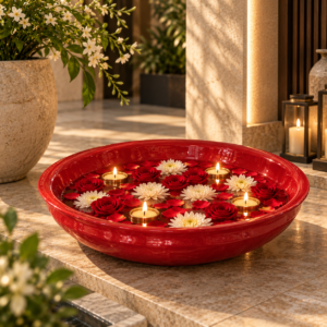 The Sindoor - Vermilion red resin floating urli with rose petals diyas - OPH Opulent Homes