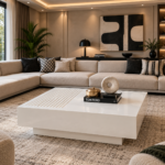 The Lines - 60 inch white marble low block coffee table with mother of pearl pin-stripe lines inlay - modern minimalist living - Stone Plus India