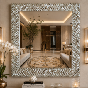 Herringbone Green and White Mother of Pearl Mirror Frame