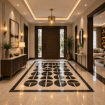 black and white circle design marble inlay flooring