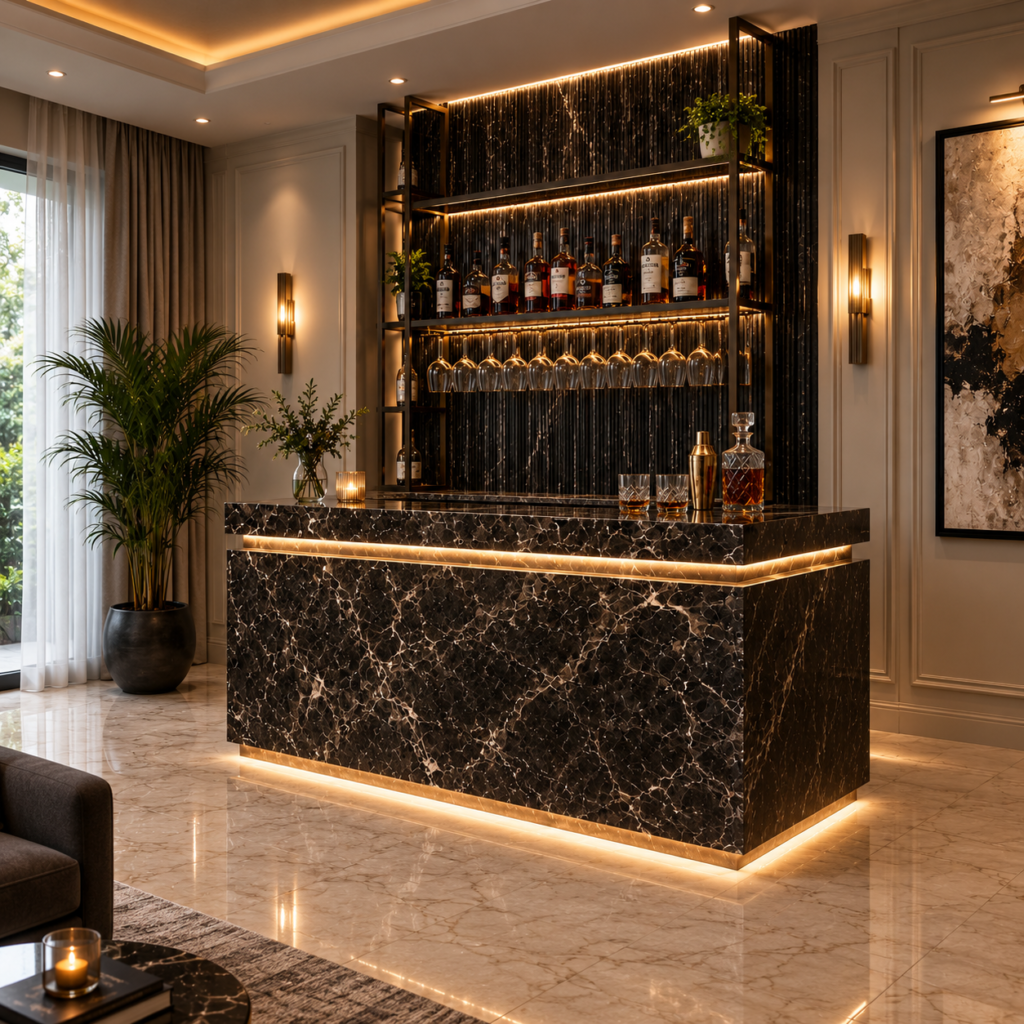 Bespoke luxury black marble home bar unit with LED lighting and tall back bar display unit with bottle and glass storage
