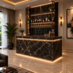 Bespoke luxury black marble home bar unit with LED lighting and tall back bar display unit with bottle and glass storage