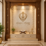 Luxury wooden home temple with Ek Onkar Khanda marble inlay wall mural with cove lighting and floral border inlay