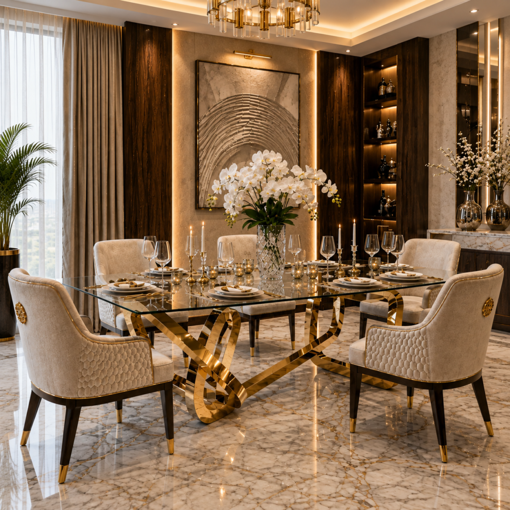 Luxury Gold Glass Dining Table