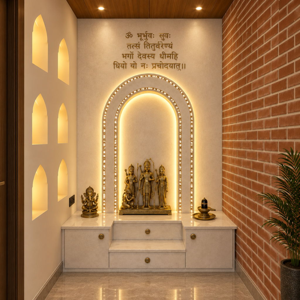 The Gayatri - Swiss white marble home mandir backdrop with Gayatri mantra inlaid in golden mother of pearl - OPH