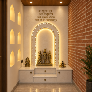 The Gayatri - Swiss white marble home mandir backdrop with Gayatri mantra inlaid in golden mother of pearl - OPH