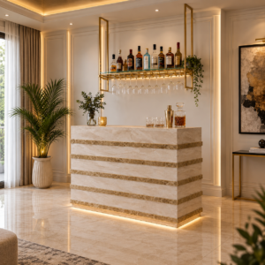 Bespoke luxury home bar unit in beige marble with gold inlay stripes and modern gold hanging bar shelf with bottle and glass display