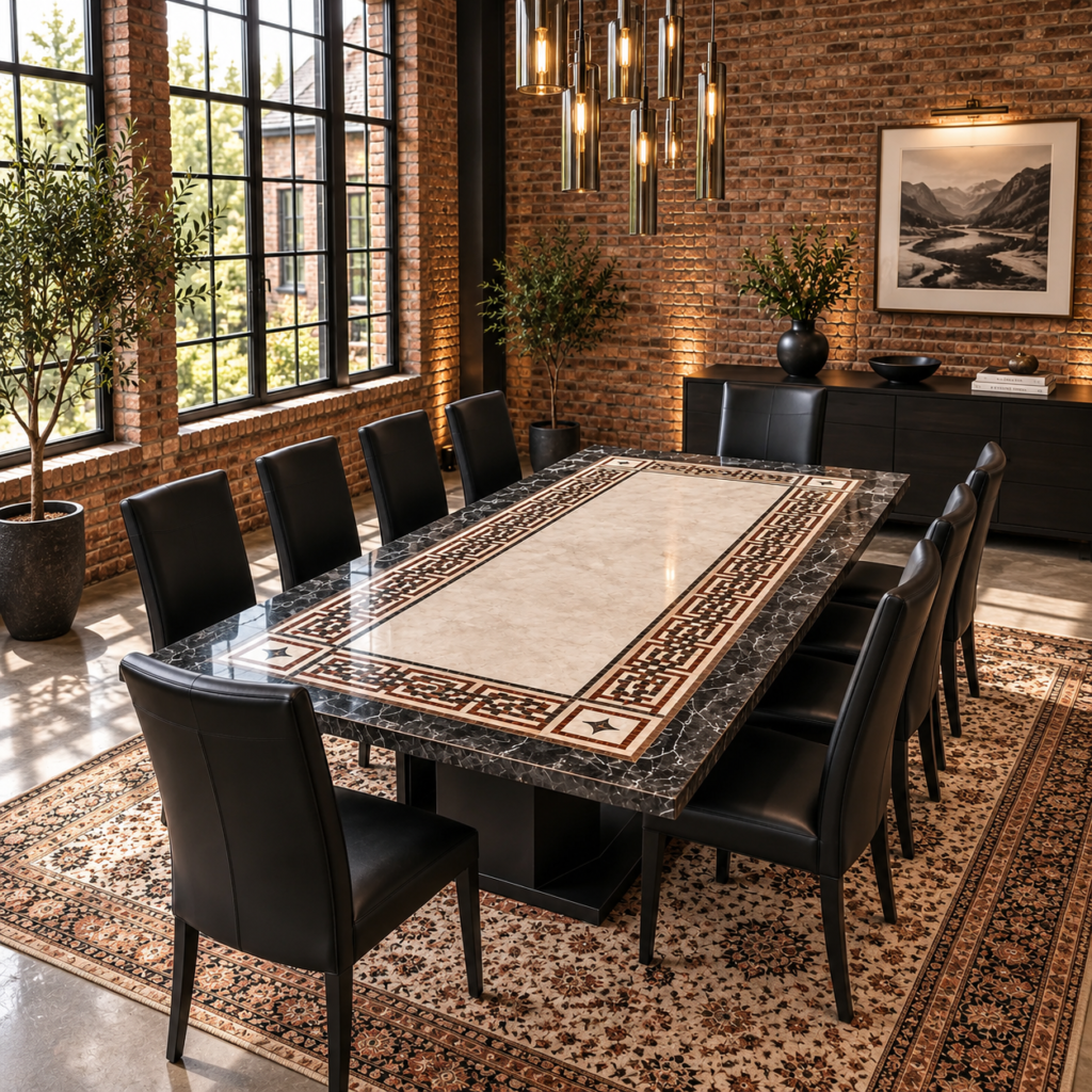stone plus india black marble inlay dining table contrast border