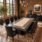 stone plus india black marble inlay dining table contrast border
