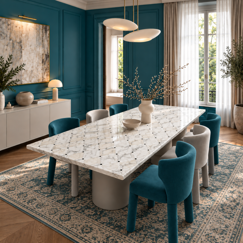 stone plus india white marble inlay dining table all over geometric design