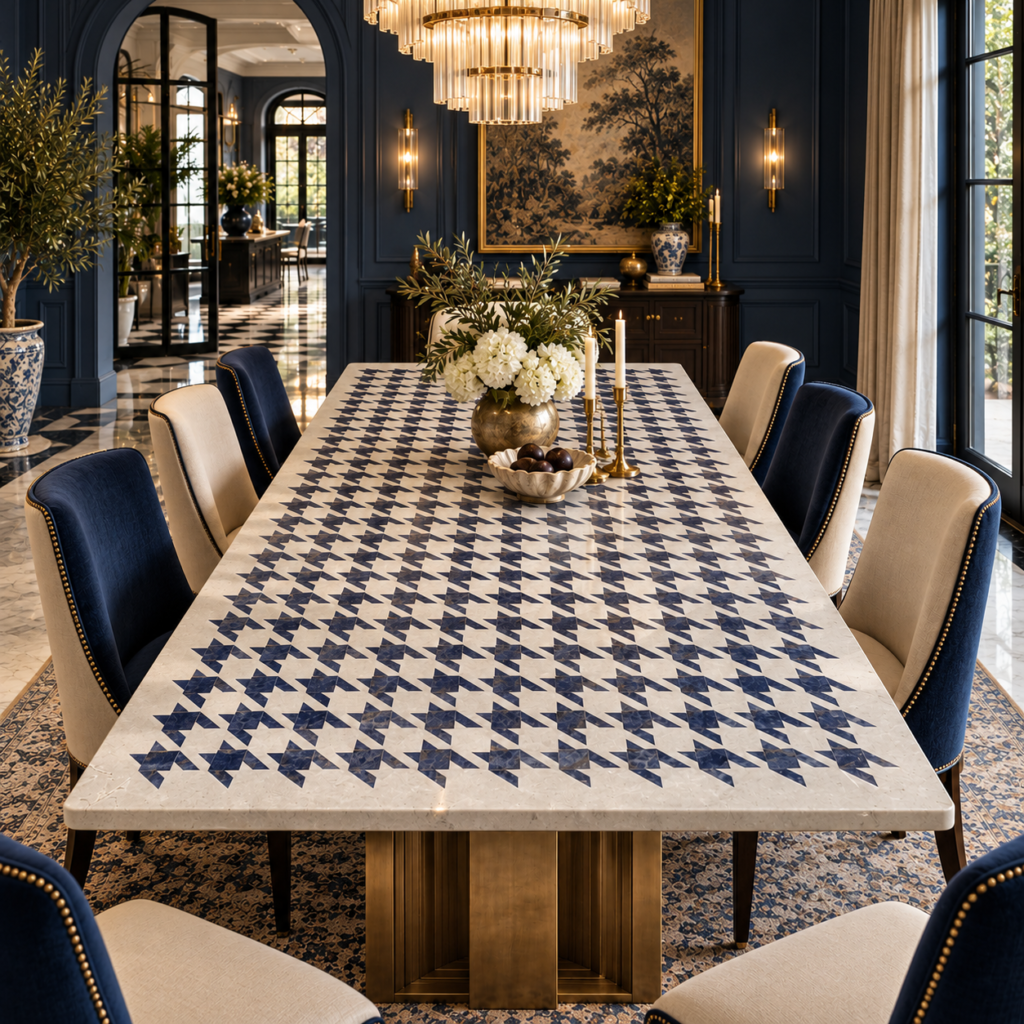 stone plus india white marble dining table houndstooth sodalite inlay