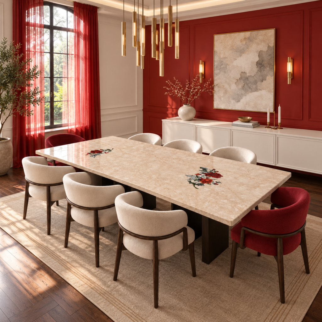 stone plus india white marble rose motif inlay dining table