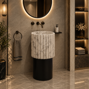 Fluted Satwario And Plain Black Base Pedestal Basin