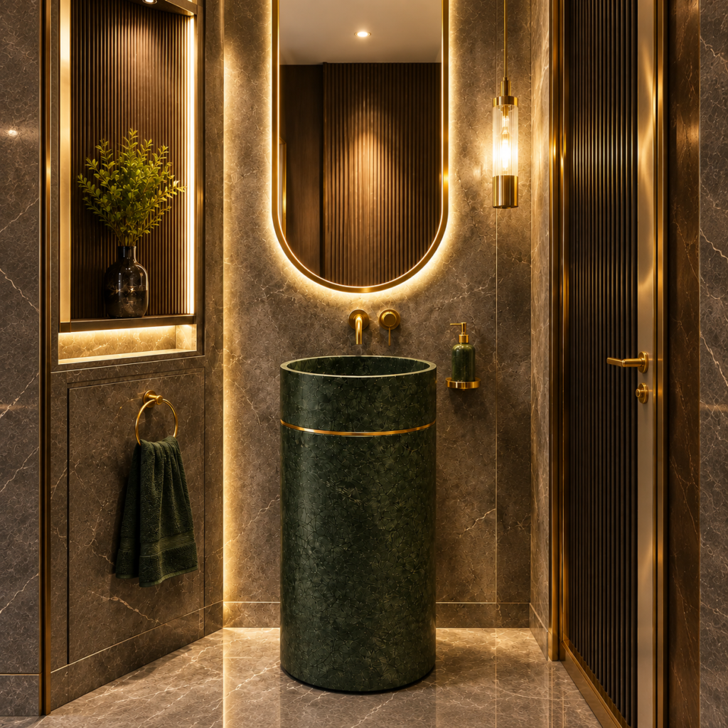 Udaipur Green Plus Brass Ring Pedestal Basin