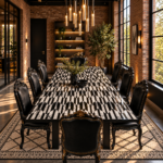 stone plus india black and white marble geometric inlay dining table