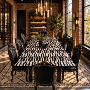 stone plus india black and white marble geometric inlay dining table