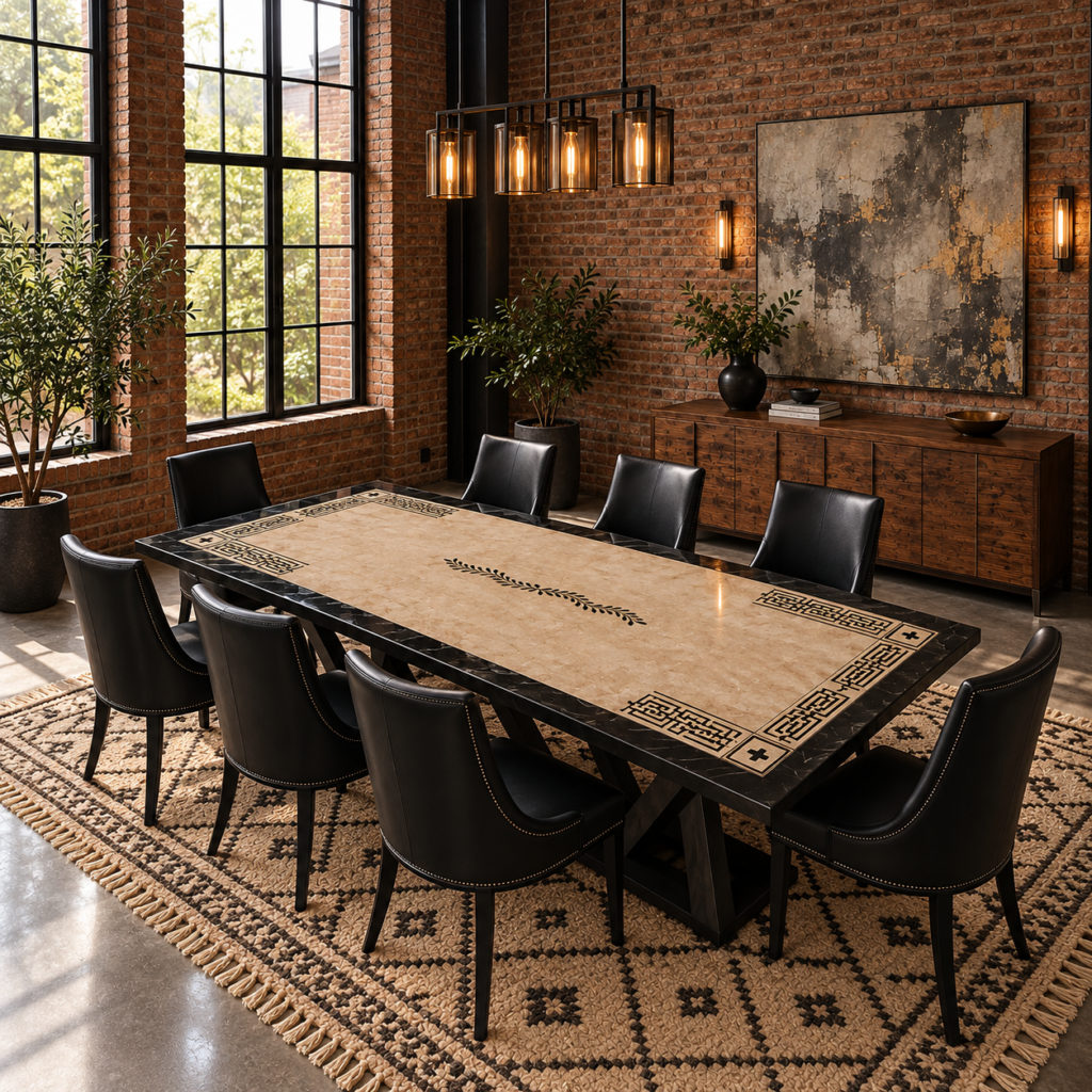 stone plus india beige marble inlay dining table black border
