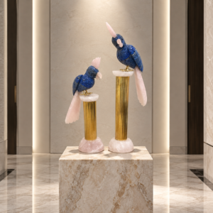 The Majestic Perch - Lapiz Lazuli and Rose Quartz on Brass and Rose Quartz