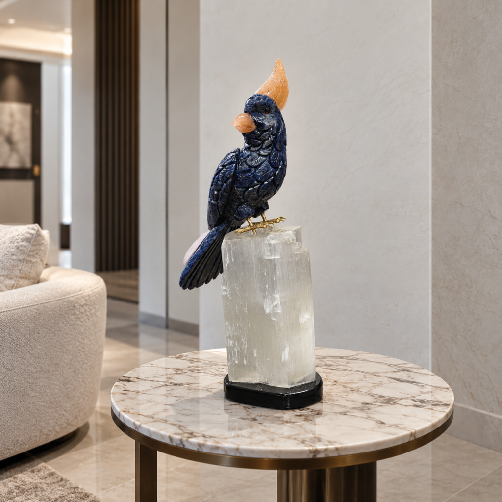 The Crested Cockatoo - Sodalite & Rose Quartz Bird on Selenite Base