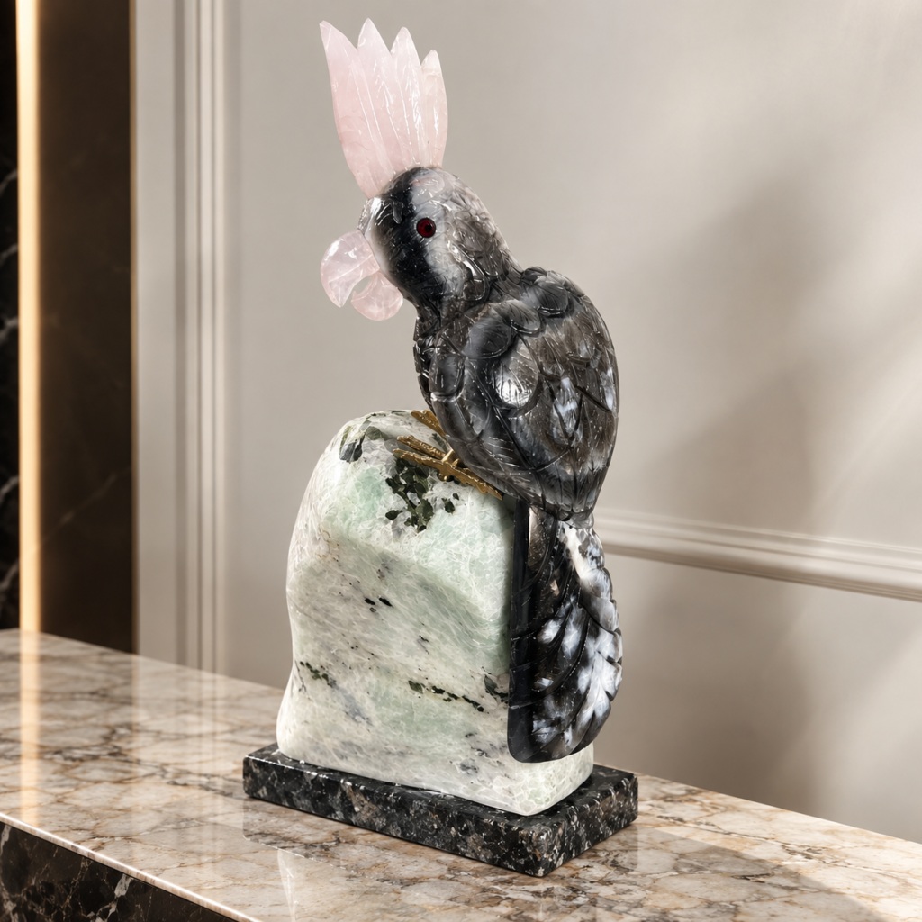 The Midnight Monarch - Obsidian Bird on White Marble