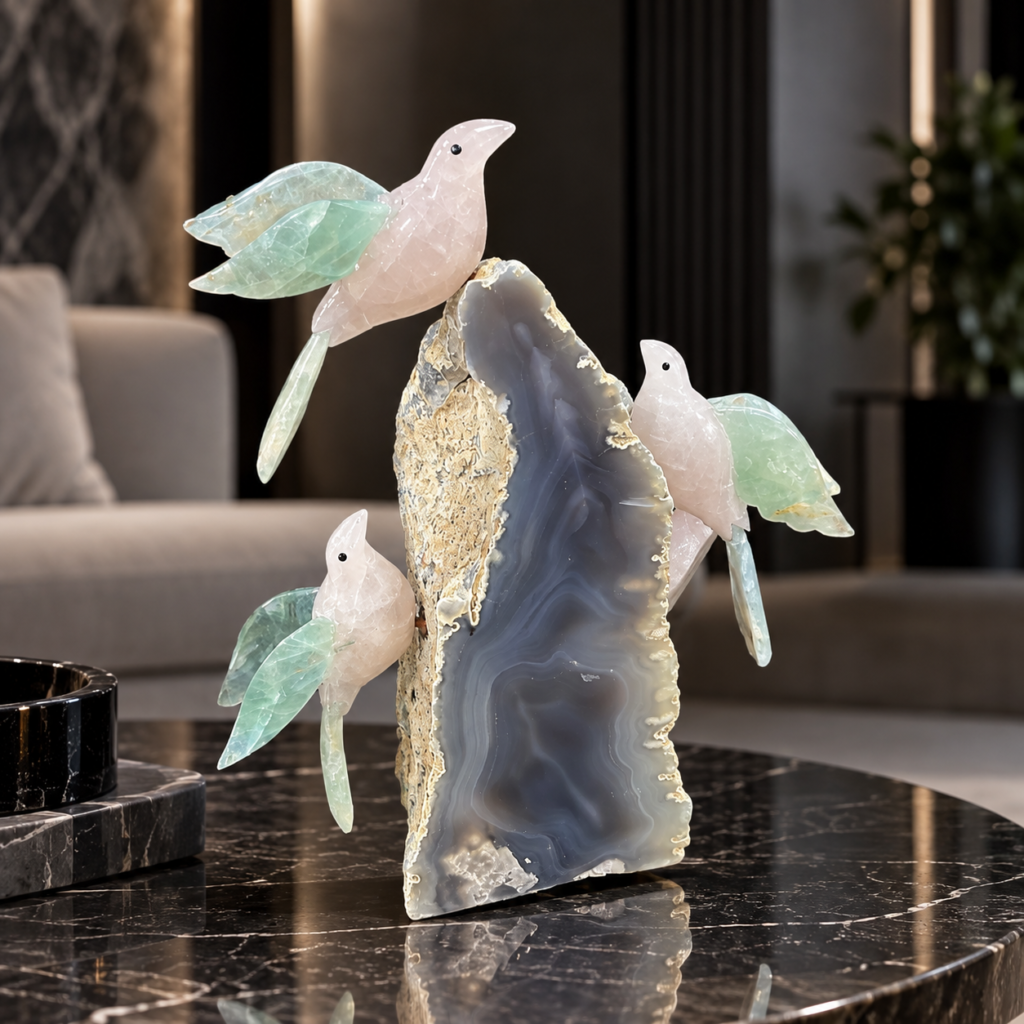 The Skyward Trio - Labradorite Fluorite Birds on Agate Base