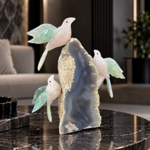 The Skyward Trio - Labradorite Fluorite Birds on Agate Base