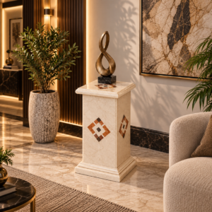 The Roma white marble pedestal with linear multi-stone inlay