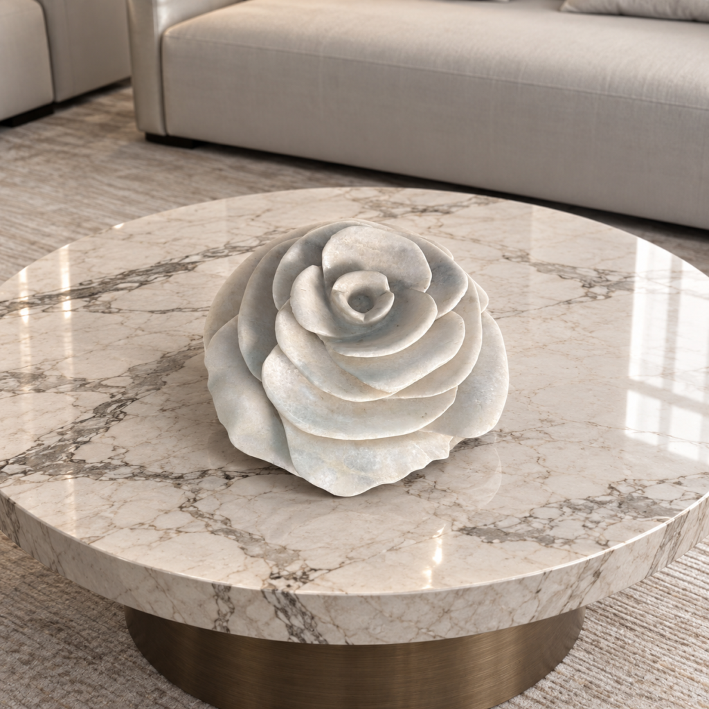 The Gulab II - White marble full bloom rose sculpture carved from single block - OPH