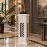 The Florence white marble pedestal with black white checker inlay strip