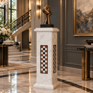 The Florence white marble pedestal with black white checker inlay strip