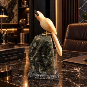 The Ivory Lookout - Calcite Bird on Green Aventurine