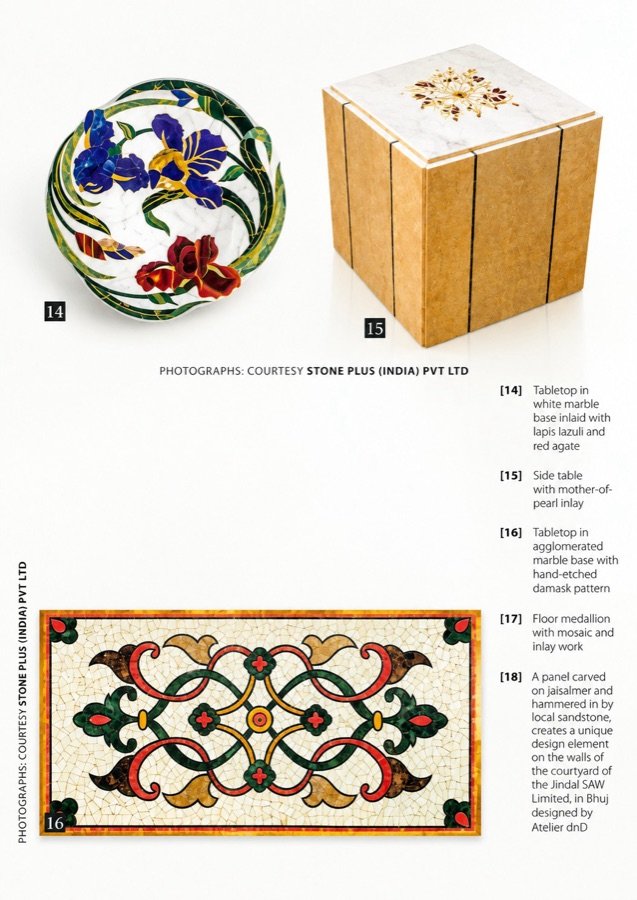 Stone Plus India press feature: marble inlay tabletop, side table and mosaic panel craftsmanship