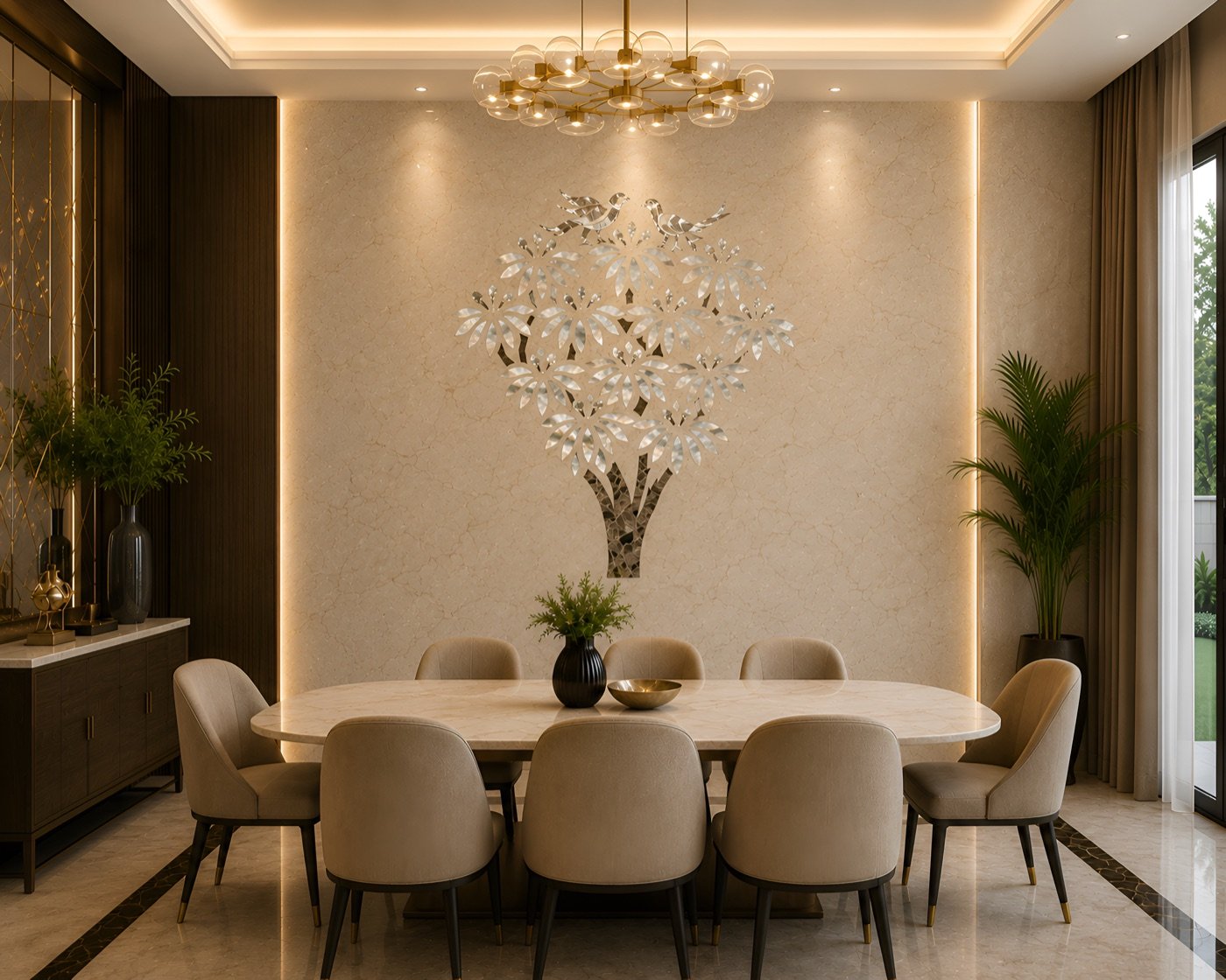 Stone inlay feature wall in a dining space by Stone Plus India