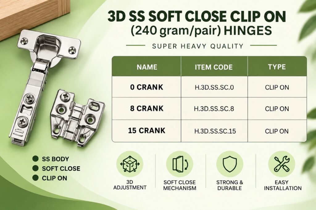 3D SS Soft Close Clip On Hinges - Super Heavy