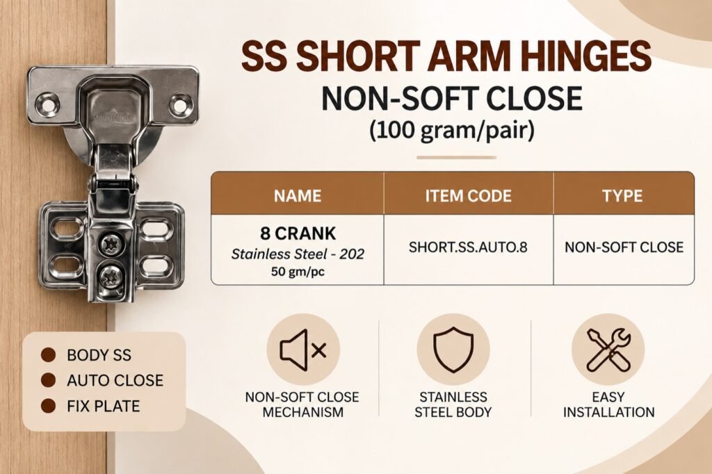 SS Short Arm Hinges - Non-Soft Close